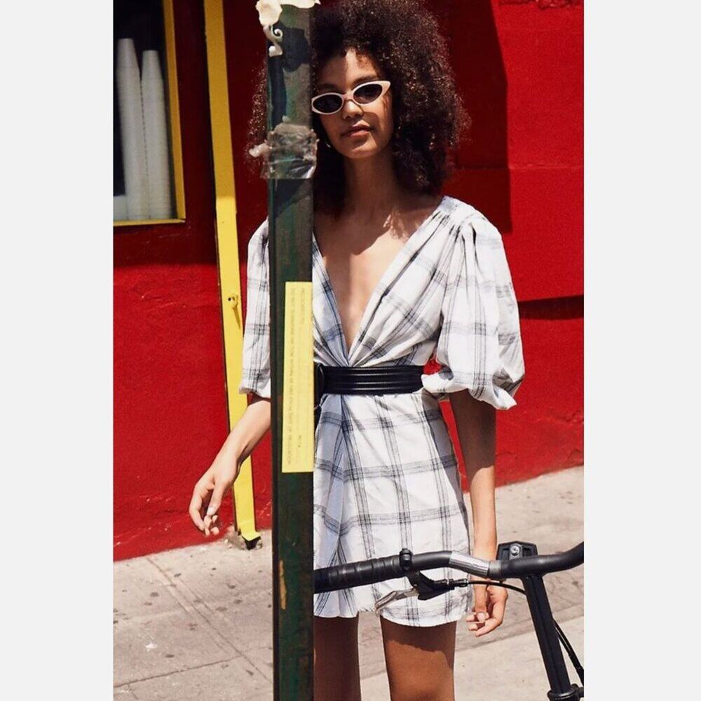 Free People Miss Molly White Plaid Puff-Sleeve Mini Dress - Picture 3 of 10